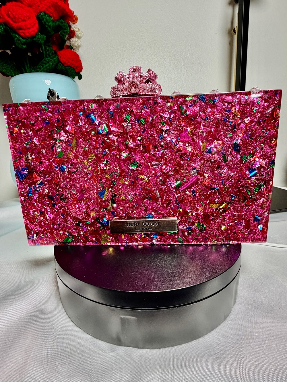 Kurt Geiger Hot Pink Glitter London Sticker Box Clutch NWT - Picture 4 of 10